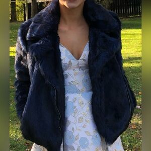 Luxurious Blue and Black Moto Style Faux Fur Jacket